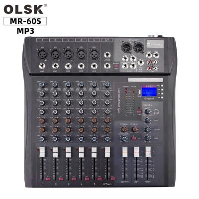 China Professional MR-60S MP3 6-Channel Audio Mixer with USB MP3 BT 48V 3-Band Phantom EQ Reverb Performs for Stage Performance Meeting MR-60S MP3 for sale