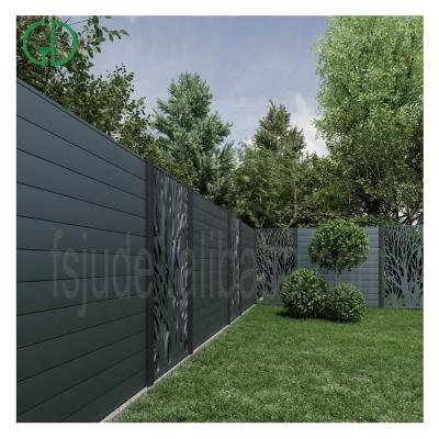 China Easily Assembled GD No Dig Wood Finish Aluminum Slat Fence System England Style Vertical Pickets Garden Color Wall Laser Cut Fence Panels for sale