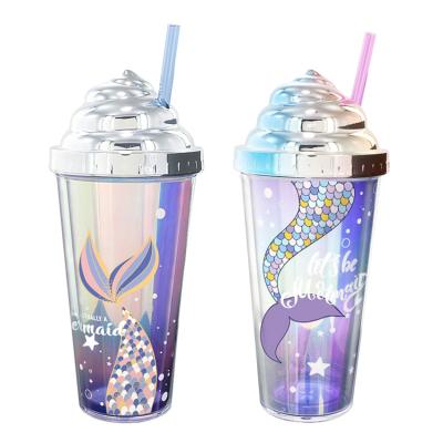 China 2021 New Viable High Quality BPA Free Mermaid Straw Cup Double-Layer Bling Color Ice Water Bottle 420ml for sale