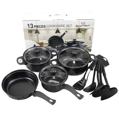 China Hot sale 13pcs cheap kitchen housewares workmanship sustainable iron non stick desini kitchen pots cookware sets for sale