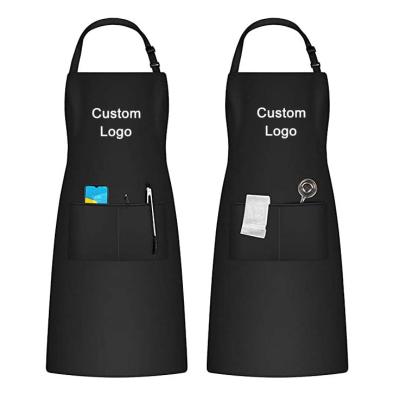 China 2021 Eco-Friendly New Design Factory OEM Custom Design Print Logo Black Long Chef Cooking Kitchen Bib Apron In Cotton With Two Pockets for sale