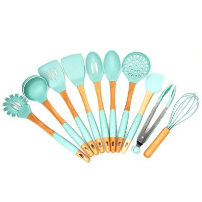 China Viable New Design Hot Goods Amazon Kitchen Accessories High Quality Silicone Cookware With Wooden Handle 10pcs Set for sale