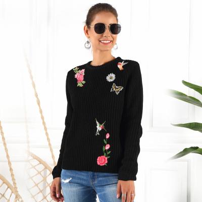 China Anti-wrinkle Fashion Women Sweater Casual Pullover Knitted Butterfly Embroidery Flower Crew Neck Long Sleeve Elegant Sweater For Girls for sale