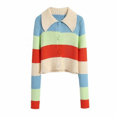 China New Women's POLO Collar Anti-wrinkle Color Stripe Cardigan Jacket Long Sleeve Slim Short Knit Sweater Cardigan for sale