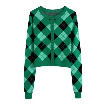 China Anti-wrinkle women spring cardigan ladies long sleeve button front knitted sweater street wear green argyle sweater for sale