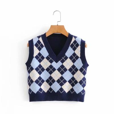 China Hot Sales Anti-Wrinkle Fashion Women Knitwear Argyle V-Neck Vest Sweater Women Knit Argyle Sweater Vest for sale