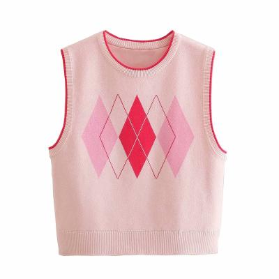 China Anti-Wrinkle Women Knitwear Vintage V-neck Geometric Argyle Pattern Sleeveless Knitted Sweater Vest Women Designer Sweater Vest Sweater Vest for sale