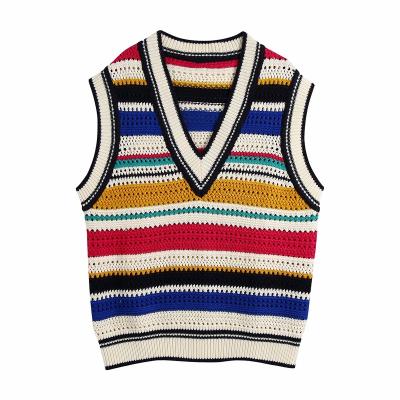 China parride stripped vest oversized girl knit fashion sleeveless cutout vest sweater autumn vintage loose chic v-neck sweater woman vest for sale