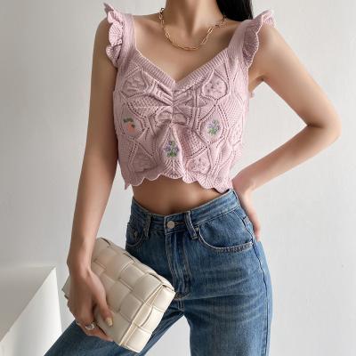 China Anti-Wrinkle Design Ladies Sweater Knitwear Print Hollow Up Tie Up Sleeveless Casual Vest Sweater Women Tank Top Summer Sexy Crop Top for sale