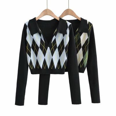 China Anti-wrinkle Women's Argyle Pattern Long Sleeve Italian Collar England Style Knitted Sweaters Ladies Top Crop Pullover Black Sweater for sale