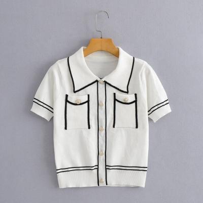 China new style Anti-wrinkle sweater summer knitwear turn-down collar short sleeves and short shorts lightly knit women cardigan for ladies for sale