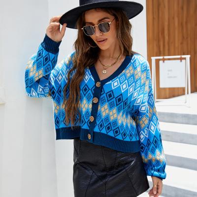 China Anti-wrinkle Autumn Winter Women Argyle Sweater Knitted Jacket Short Color Contrast Streetwear Girls Knitted Cardigan Cropped Sweater for sale