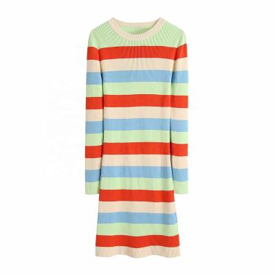 China Autumn New Design Anti-wrinkle Women's Long Sleeve Crewneck Long Sleeve Sweater Color Stripes Knit Dress for sale