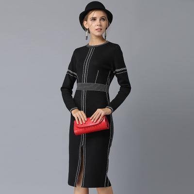 China New Fashion Anti-wrinkle Color-blocked Knitted Women Pencil Dress Elegant Female Knitted Dress Full Sleeve O Neck Dresses Split Dress for sale