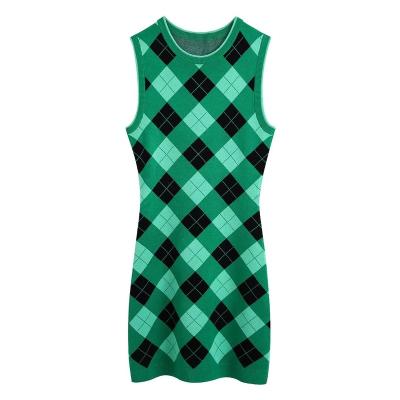 China Argyle Women's Slim Sleeveless Dresses Vintage Casual Knitted Dress Women's Anti-Wrinkle Fashion Green Female Crew Neck Streetwear for sale