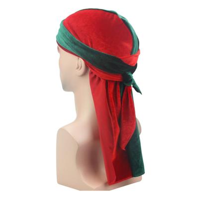 China Comfortable Red Green Velvet Durag Durag Hat Silky Soft Headwraps With Long Tail And Wide Straps For 360 Waves for sale