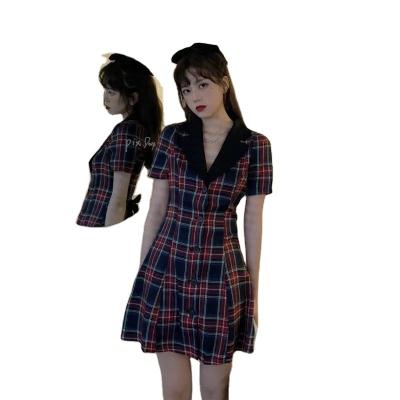 China Retro style 2021 summer breathable plaid costume collar dress females new, small waist, slim, salt and soft skirt for sale