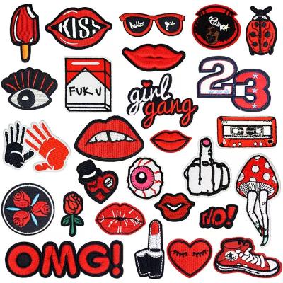 China 3D Iron On Patches For Clothing Red Small Mouth Lip Letter Hand Shape Embroidery Clothes Patch For Kids T-shirt Jackets Ironing for sale