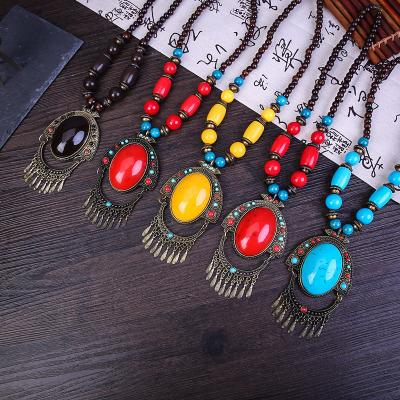 China BOHEMIA Fashion Wood Beaded Turquoise Pendant Necklace Retro Bohemian Necklaces Charm Boho Pendant Necklace For Women Girl Costume for sale