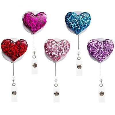 China ID Card Badge Holding Beautiful Multi Color Retractable Cherish Bling Heart PU ID Badge Reel Holder with Swivel Clip for sale