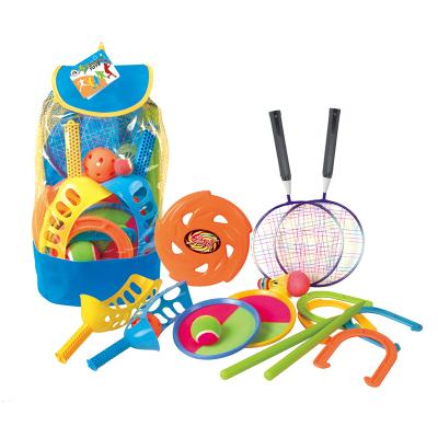 China Kids Playing BSCI Factory 5 in 1 Ferric Set Sports Toys Throwing Tennis and Hook Ball Game Racket with Flight Disc for sale