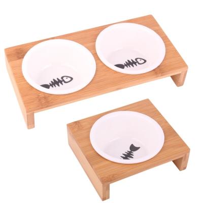 China 2022 Cat Dog Pet Food Bowl Holder Stand Sustainable Adjustable Bamboo Wooden Pet High Feeders for sale