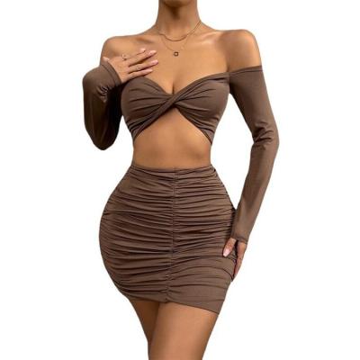 China Anti-Wrinkle Two Piece Sexy Dress For Ladies Off-Shoulder Long Sleeve Cutout Drawstring Ruched Bodycon Mini Club Dress for sale