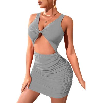 China Anti-Wrinkle Women's Sexy Bodycon Dress Sleeveless Cutout Drawstring Ruched Mini Club Party Skirt for sale