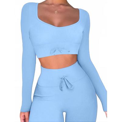 China QUICK DRY Women 2 Piece Fitness&yoga Wear Deep V-Neckline Workout Wear Long Sleeve Crop Top With Gaiters for sale