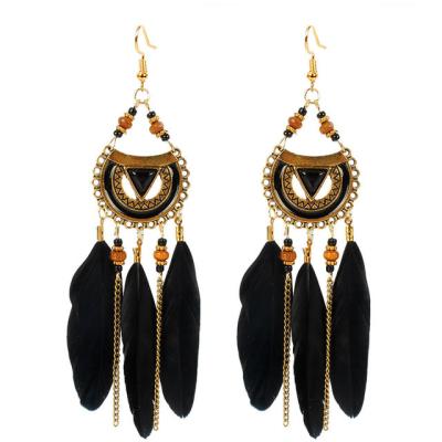 China Retro Feather Jewelry Ladies Long Feather Earring CLASSIC Bohemian Tassel Earring for sale