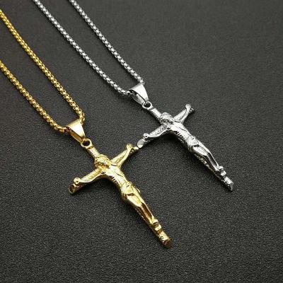 China Trendy Gold Christian Jesus Pendant Necklaces For Men Silver Plated Hip Hop Rock Style Stainless Steel Crucifix Charm Necklace for sale