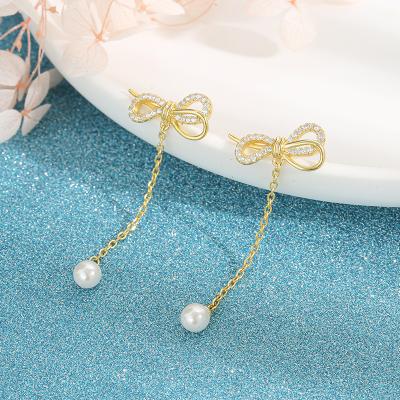 China Romantic Silver 18k Gold Tassels Stud Bow Earring s925 Pearl Cubic Zirconia Bow Earring for sale