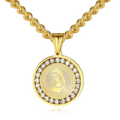 China Hiphop Religion Choker Virgin Mary Necklace Stainless Steel Catholic Zircon Necklace for sale