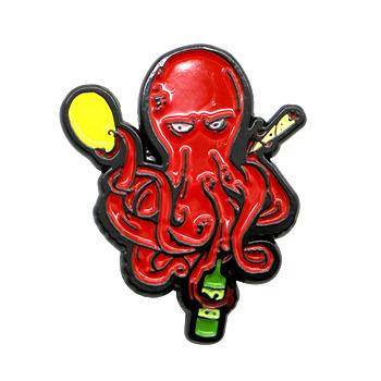 China Custom Promotional Gift Metal Soft Enamel Pin Brooches Red Angry Octopus From Europe With Wine Beer Bottle Maker for sale