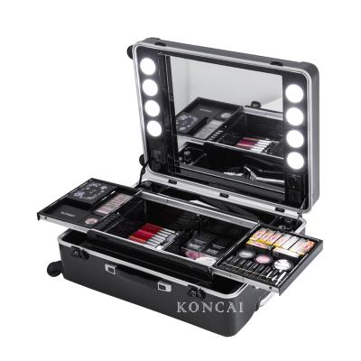 China PC Shell Makeup Station Beauty Case Durable Molding Cosmetics Case With Lights Makeup Trolley Bag for sale