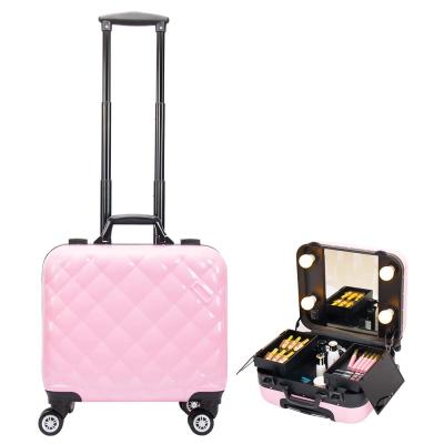 China Beautiful Makeup Light Pink Vanity Case Lightweight Trolley Beauty Box PC Shell PC Cosmetic Train Case for sale