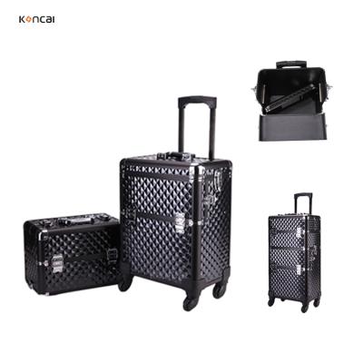 China Fashion Koncai Multifunctional Water-cube Shaped ABS Trolley Cosmetic Case Aluminum Makeup Train Case for sale