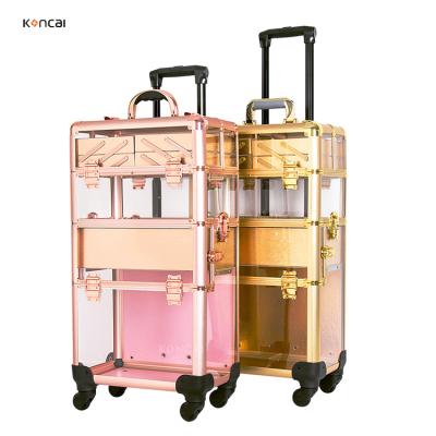 China Fashion Aluminum Frame Acrylic Clear Panel 2 in 1 Hair Salon Station Makeup Rolling Case Beauty Artist for sale