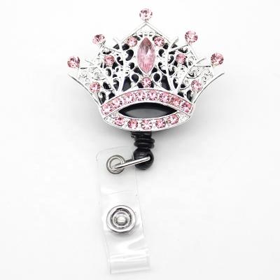 China Lead& pink mini nickel free rhinestone Princess Crown Retractable id badge reel name card card holder for sale