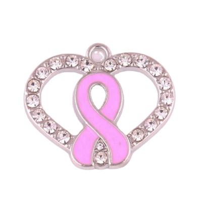 China Cute Breast Cancer Awareness Charms Jewelry Clear Rhinestone Heart Enamel Pink Ribbon Charm Pendant for sale