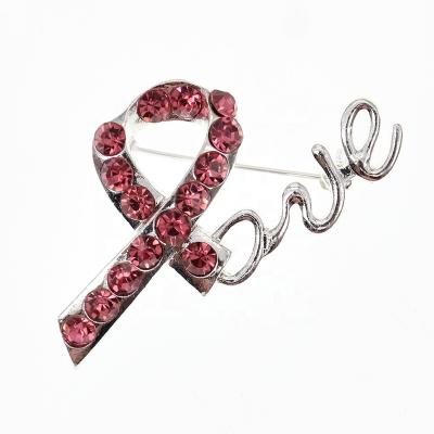 China Fashionable Pink Ribbon Love Lapel Pin Rhinestone Crystal Pink Brooch Pin Brooches Breast Cancer Awareness Ribbon For Women for sale