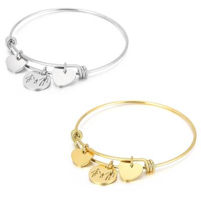 China Fashion Stainless Steel Mother's Day Silver Gold Heart Charms Adjustable Bangle Bracelet For Mother Gift for sale