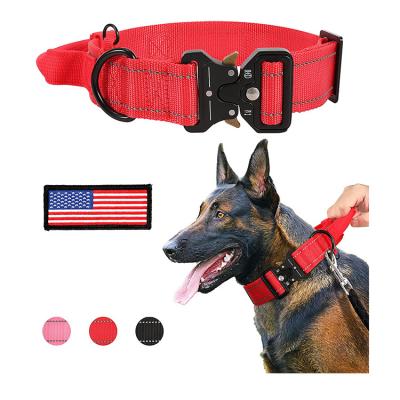 China Custom Tactical Dog Collar With Reflective Metal Adjustable Buckle Handle Quick Release Nylon K9 Dog Collar for sale