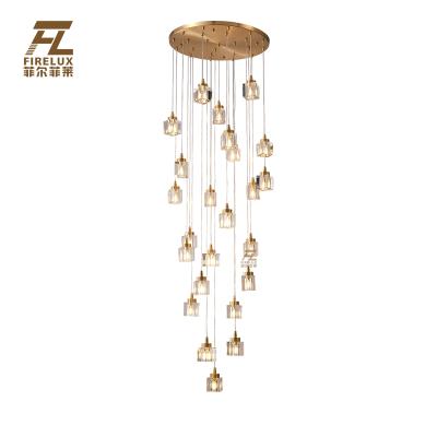 China Modern Nordic European Minimalist Staircase Copper Decorative Multi Head Chandelier Modern Square Crystal Shade for Home Decor for sale