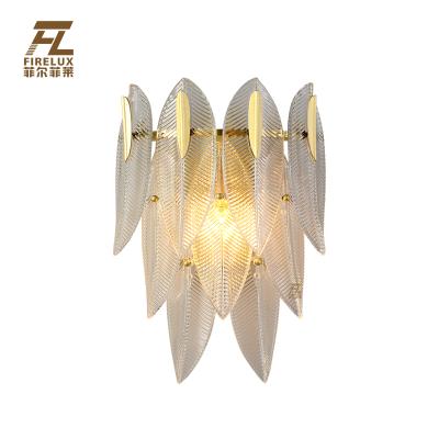 China Stock H65 Copper Leaves Hotel Luxury Elegant Brass Color Handmade Glass Clear Wall Lamp Villa Villa Mini Size For Bedroom Home Decor for sale