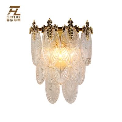 China Stock H65 EUROPEAN Copper Brass French Style Leaves Hotel Villa Mini Size Handmade Clear Color Glass Wall Lamp For Bedroom Home Decor for sale