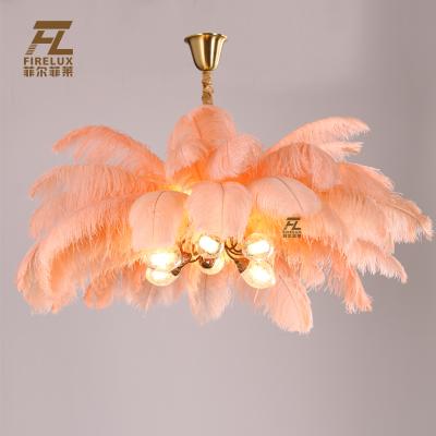 China Modern Natural Ostrich Feather Pink Color Interior Designer White Reddish Brown Purple Orange Decorative Hanging Pendant Lamp for sale