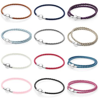 China NEW FASHIONABLE 925 Sterling Silver Multicolor Mixed Powder Blue Women's Double-Leather Bracelet Fit Original Round Charm Bead DIY for sale