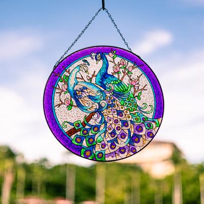 China Art Deco Peacock Stained Glass Window Hanging, Wall Art Decor, Suncatcher Peacock Panel with Chain for sale