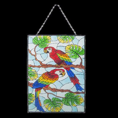 China Rustic Parrot Bird Stained Glass Window Hangings, Tropical Birds Suncatcher Hand Painted Stained Glass Panels With Chain for sale